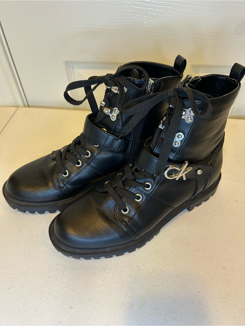 Calvin Klein Black Leather Lace-Up Ankle Boots with CK Charm